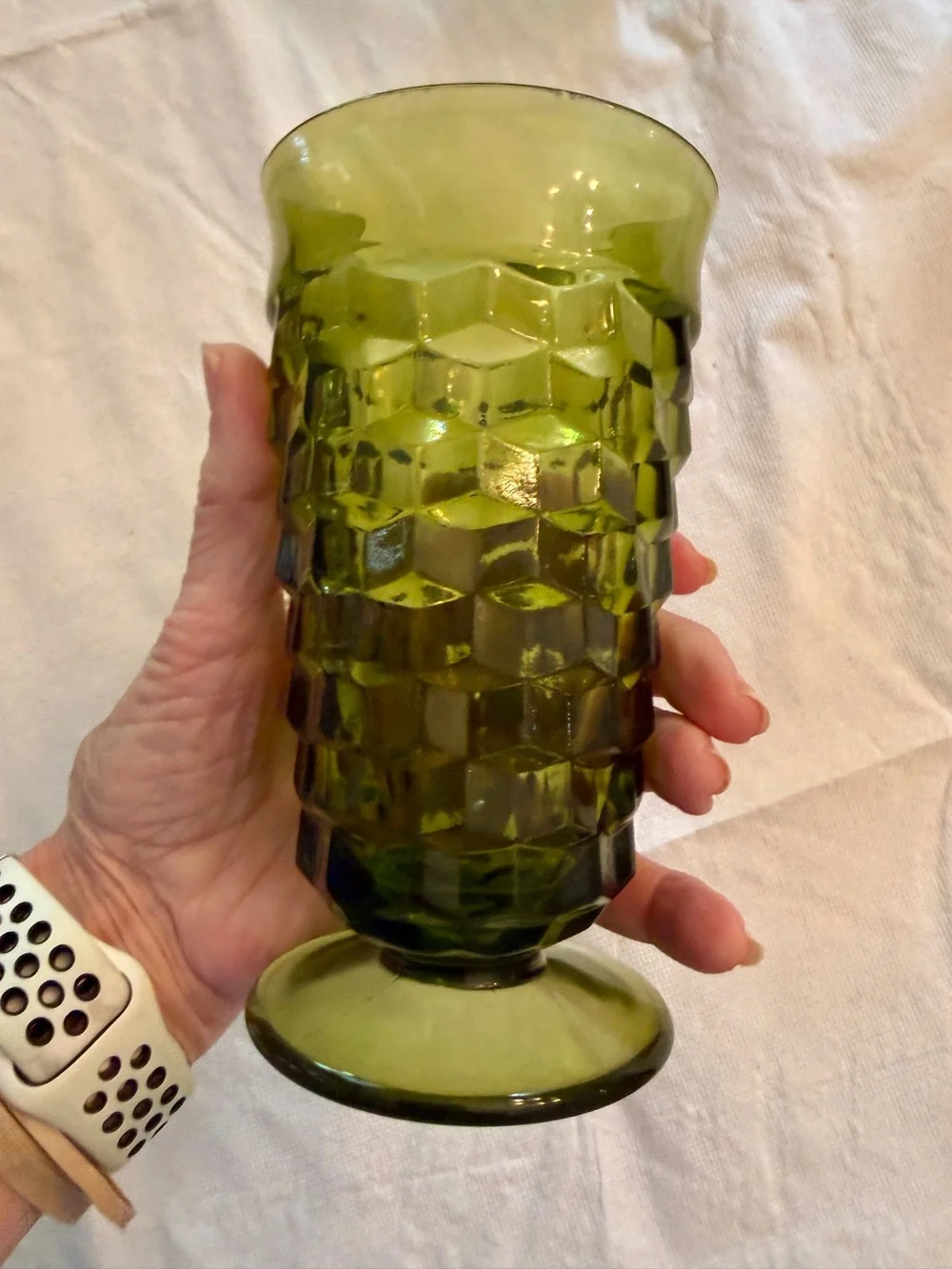 Vintage Indiana Glass Diamond Point Green Goblets Set of 4